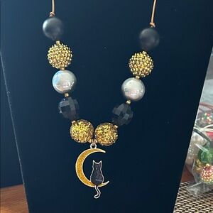 Handmade Necklace Black and Gold Cat Pendant with leather cord adjustable new